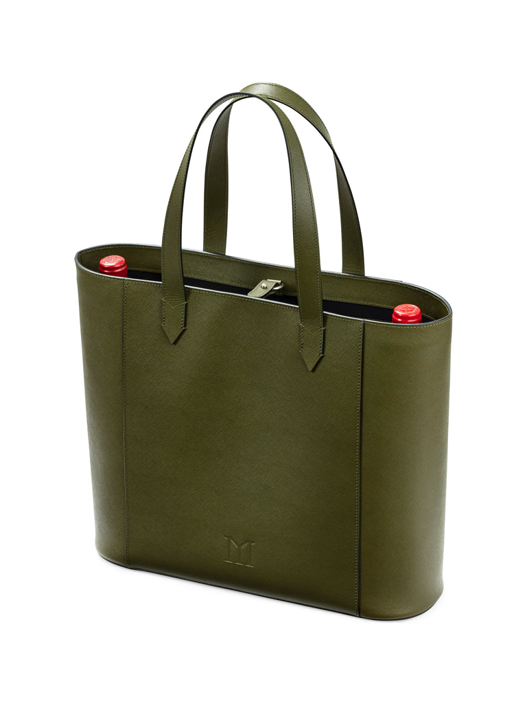 Back of Maison Marrain DeuxVin leather tote Bag in vine green with wine bottles