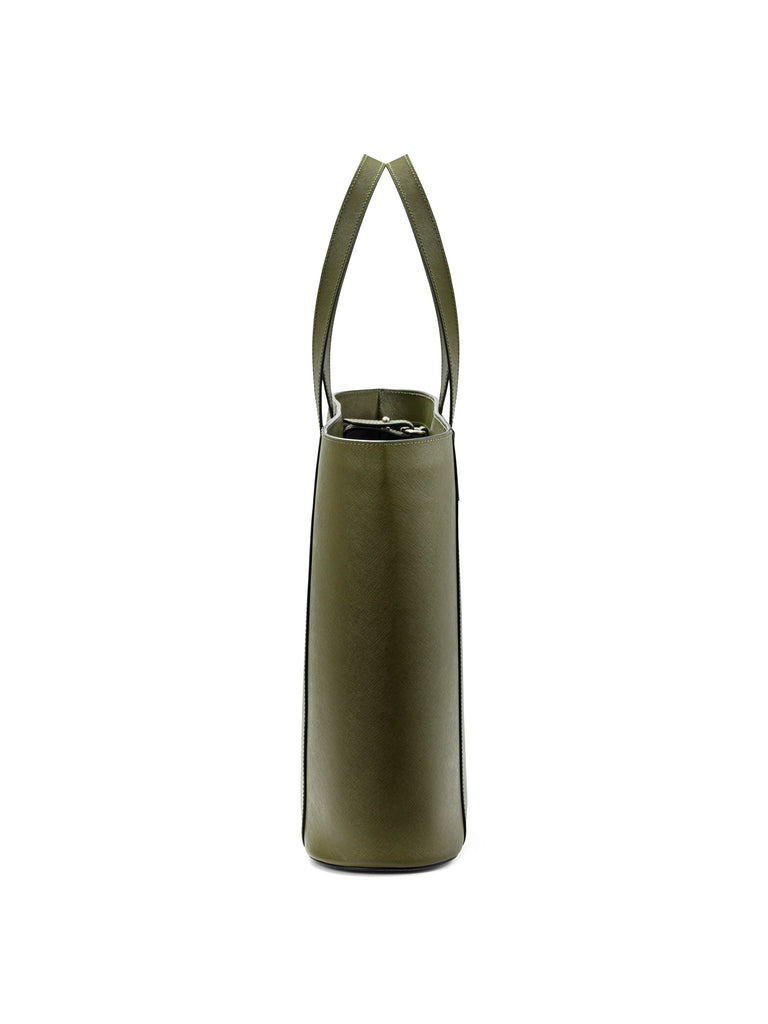 Side view of Maison Marrain DeuxVin leather tote Bag in vine green