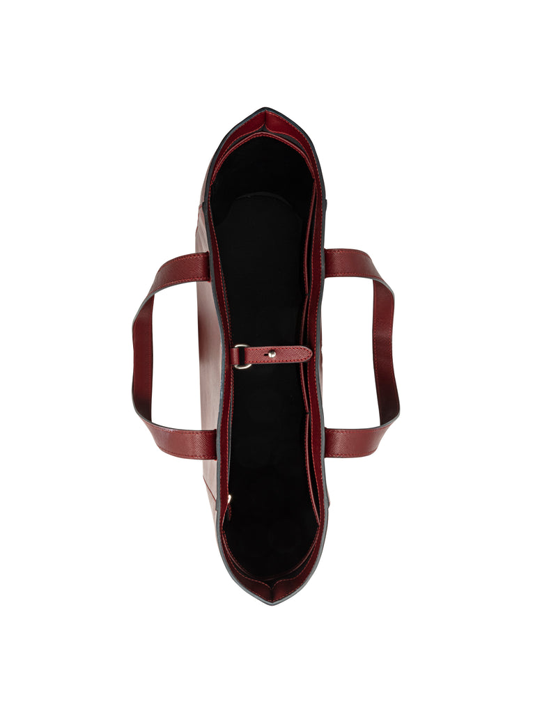Top view of closed Maison Marrain DeuxVin leather tote Bag in red bordeaux