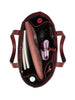 Top view of Maison Marrain DeuxVin leather tote Bag in red bordeaux with 2 wine bottles wallet umbrella and books