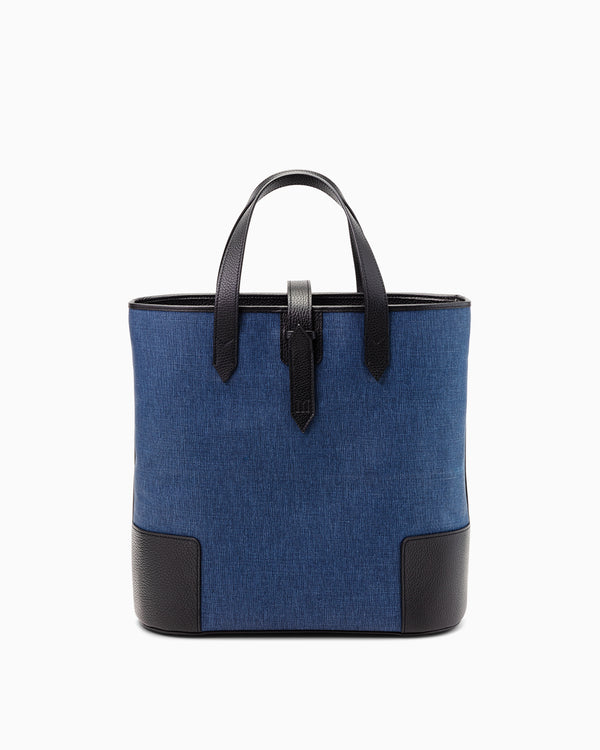 Front of DeuxMag  big canvas and leather blue marine and black Tote bag 