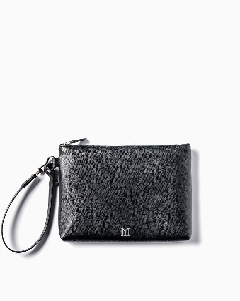 Front of Maison Marrain DeuxVie small black leather pouch with strap