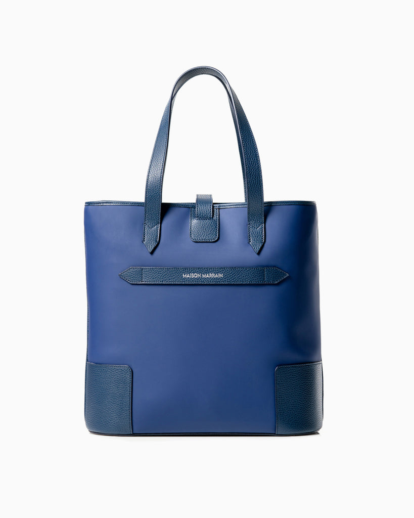 back of DeuxMag All Weather big neoprene and leather blue Tote bag 