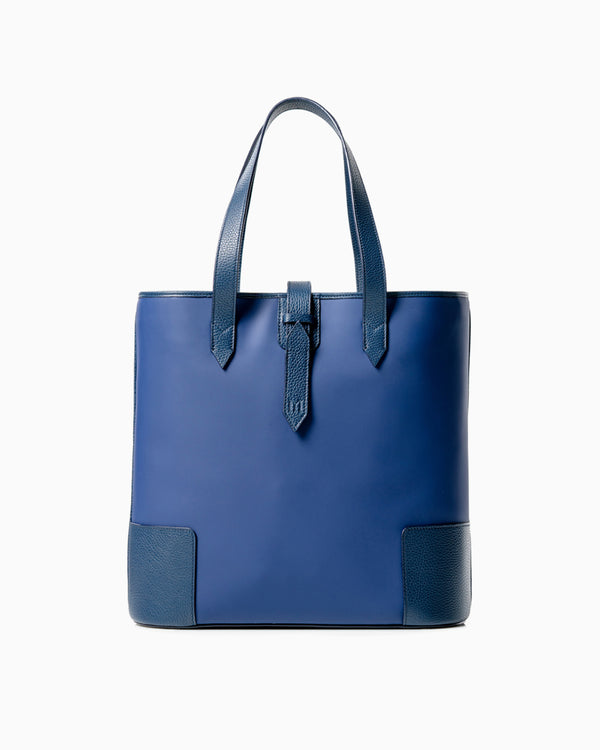 Front of DeuxMag All Weather big neoprene and leather blue Tote bag 