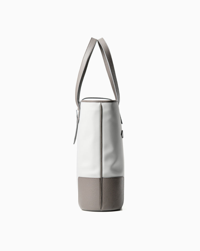 Side view of Maison Marrain DeuxMag All Weather big neoprene and leather taupe and grey Tote bag 