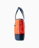 Side view of DeuxMag All Weather big neoprene and leather mandarin and blue Tote bag 