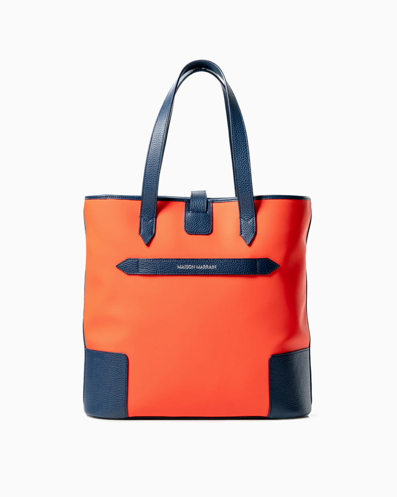 Back view of DeuxMag All Weather big neoprene and leather mandarin and blue Tote bag 