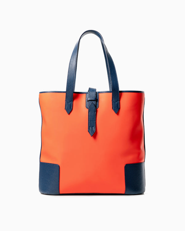 Front of DeuxMag All Weather big neoprene and leather mandarin and blue Tote bag 