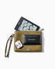 Front of Maison Marrain DeuxVie small leather pouch in vine green with strap Ipods and an Ipad