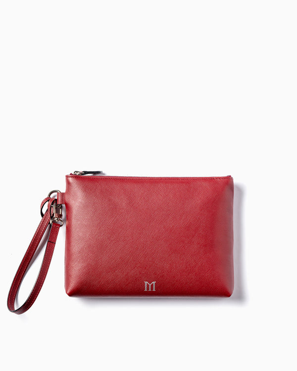 Front of Maison Marrain DeuxVie small leather red Bordeau xpouch in with strap