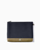 Front of Maison Marrain deuxvie large black pouch for laptop or documents made from neoprene with durable leather trim in vine green