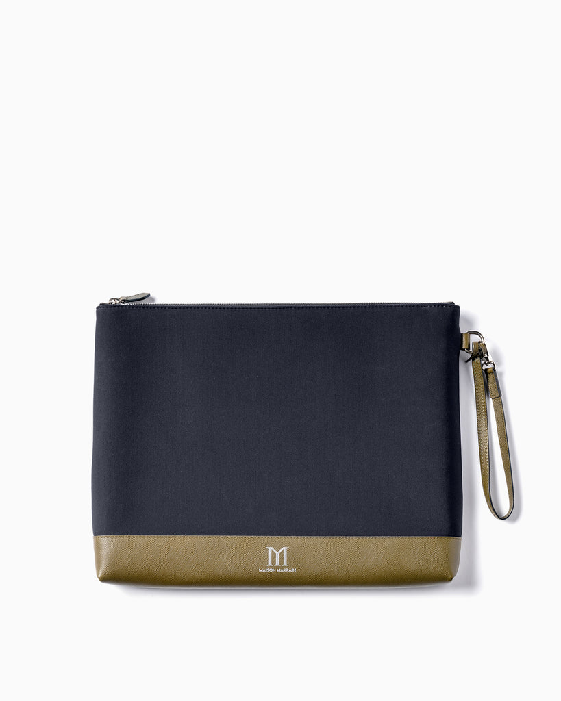 Front of Maison Marrain deuxvie large black pouch for laptop or documents made from neoprene with durable leather trim in vine green with strap