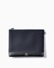 Front of Maison Marrain deux vie large black pouch for laptop or documents made from neoprene with durable leather trim 