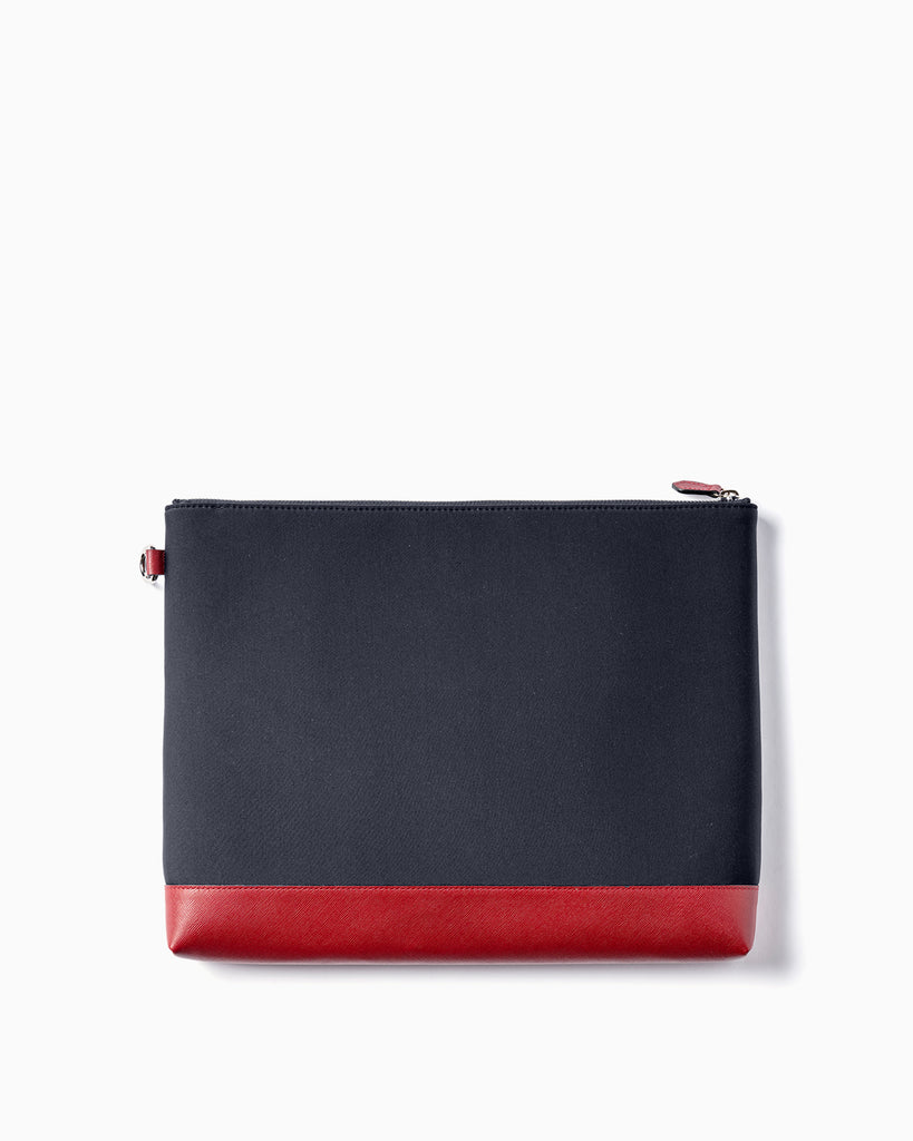 Back of Maison Marrain deuxvie large black pouch for laptop or documents made from neoprene with durable red bordeaux leather trim