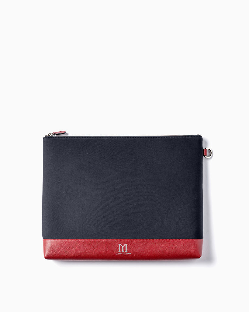 Front of Maison Marrain deuxvie large black pouch for laptop or documents made from neoprene with durable red bordeaux leather trim